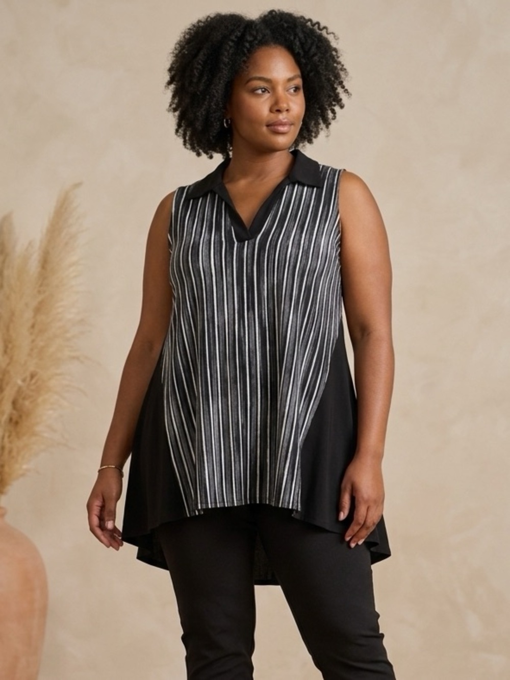 Sympli Size 16 Painterly Stripe Tunic Top Black White Sleeveless Hi-Low A-Line